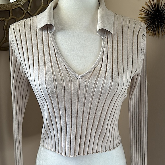 NWT Pebble Gray Ribbed Crop Polo Sweater - Picture 2 of 6